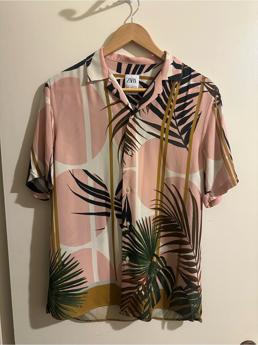 Zara Pink Palm Leaf Geometric Print Camp Collar Shirt S